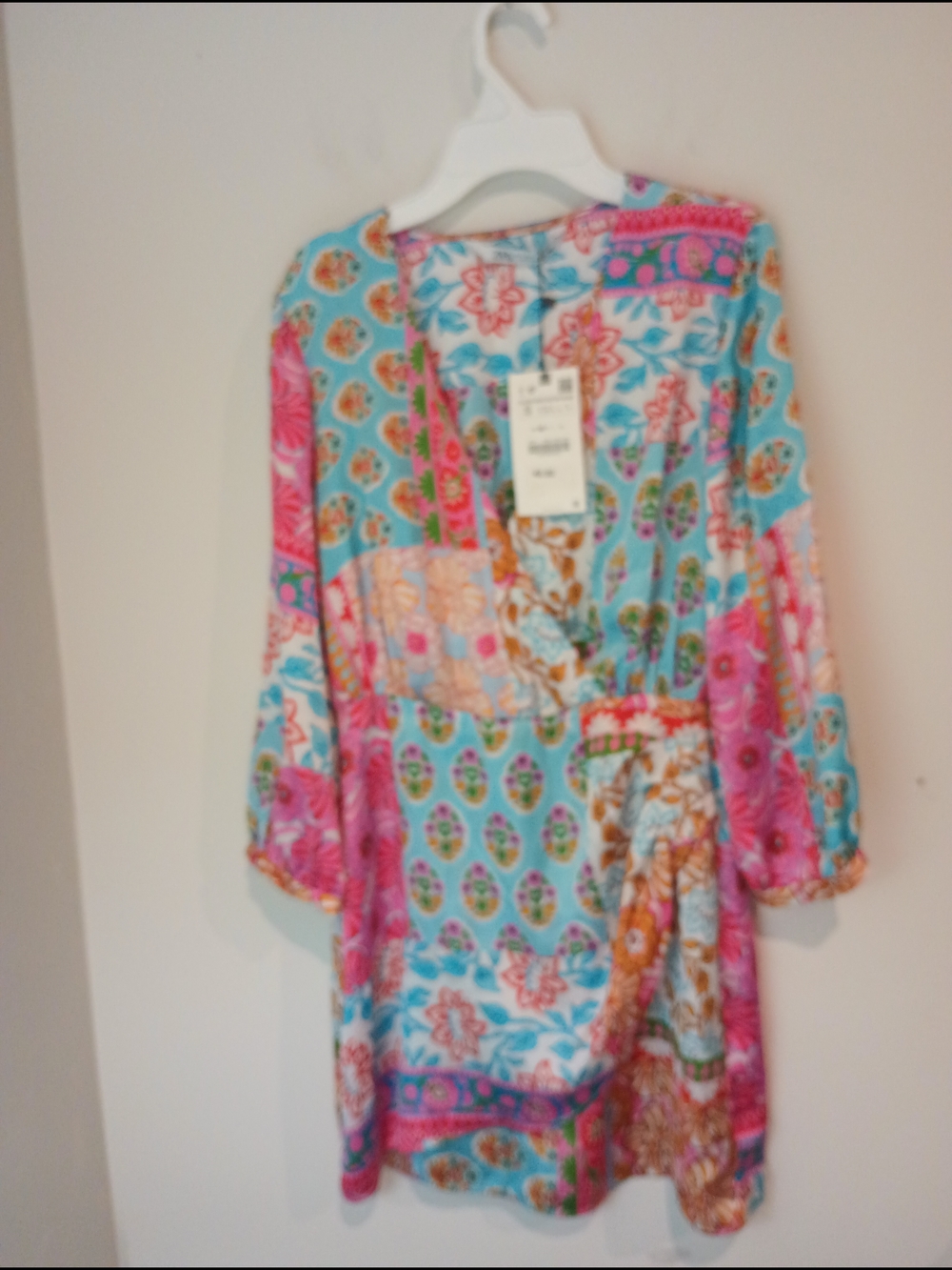 ZARA Printed Faux Wrap Mini Dress Small S Boho Patchwork Floral Colorful NWT